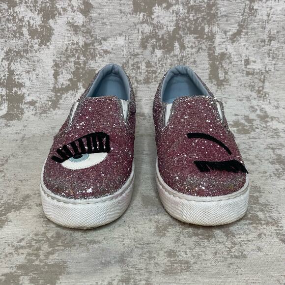 Chiara Ferragni Flirting Glitter Italian Leather Slip On Sneakers in Pink - Picture 5 of 8